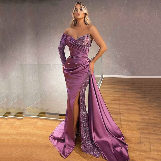 New 2023 Sexy Ladies One-Shoulder Sleeve Sequin Prom Evening Dress Mermaid Tail Side Slit Formal Party prom dress - FashionDia