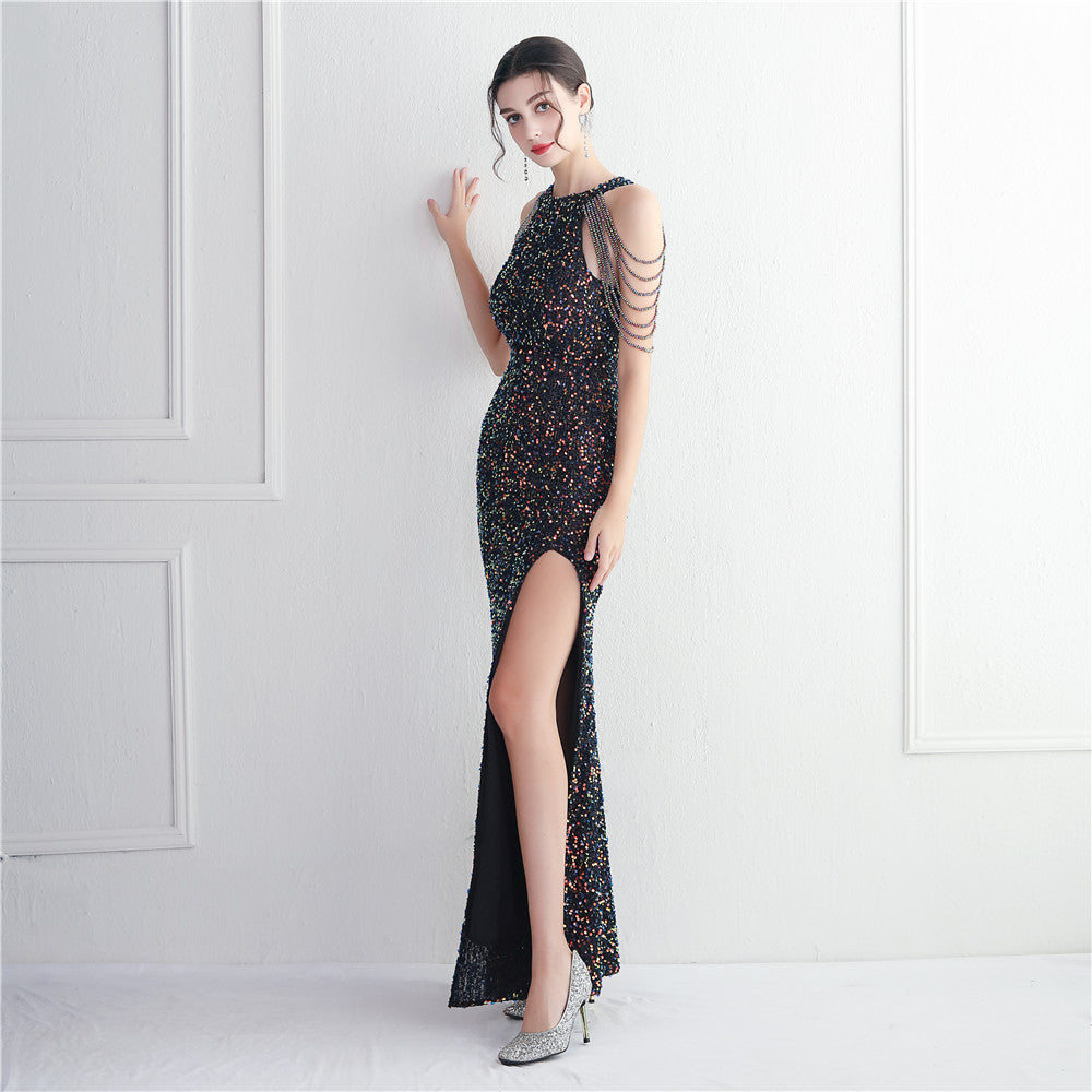 Heavy Industry Micro Glass Bead Craft Beaded Cocktail Evening Dress Elegant Long Halter Split Sequ - View 3 | VelvetHem