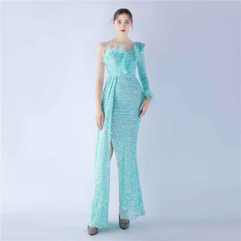 Craft Ostrich Feather Ruffled Side Slit High End Sequined Evening Dress - View 6 | VelvetHem