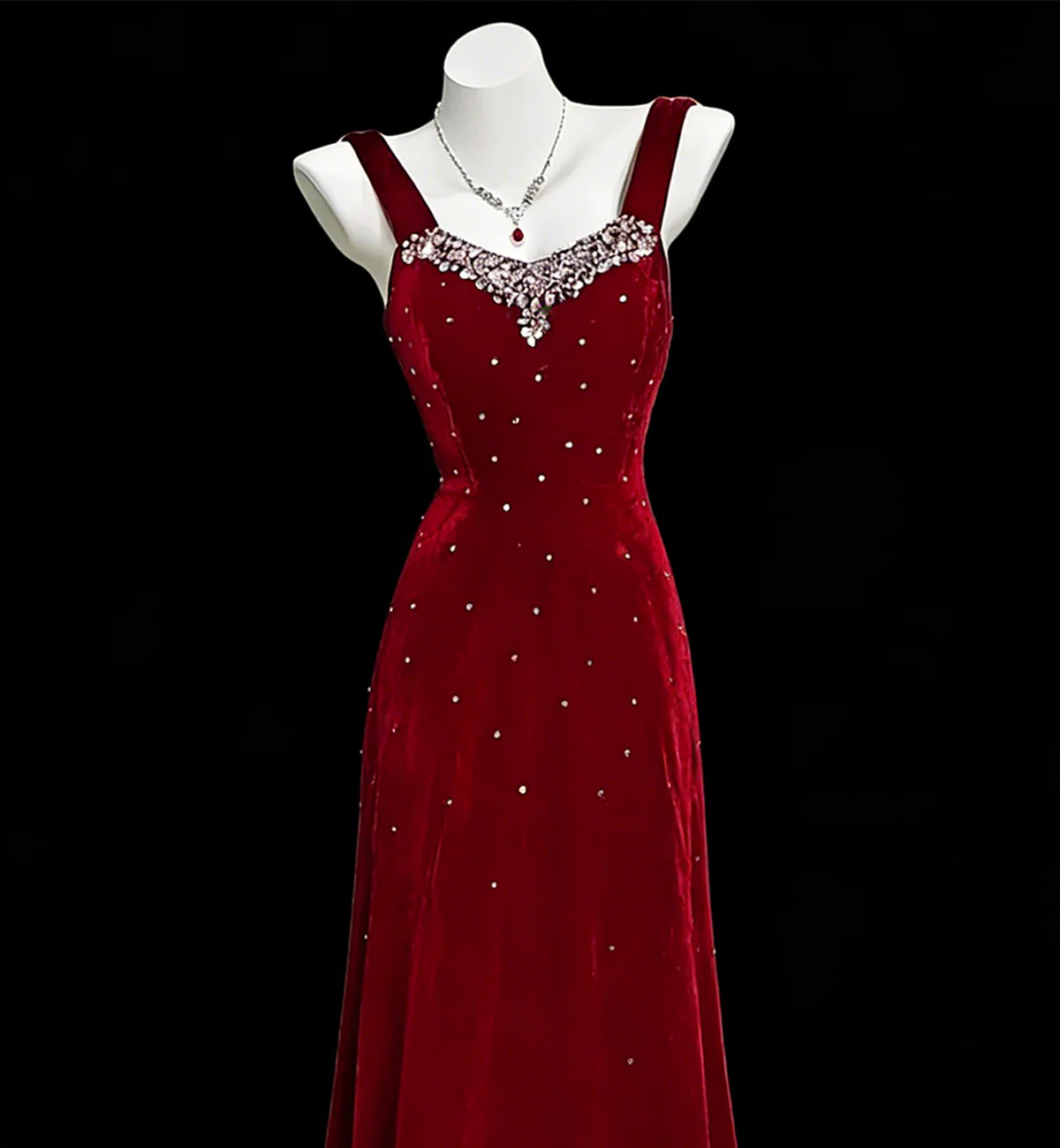 Wine Red Beaded A-line Velvet Straps Prom Dress, Wine Red Velvet Party Dress - View 2 | FashionDia