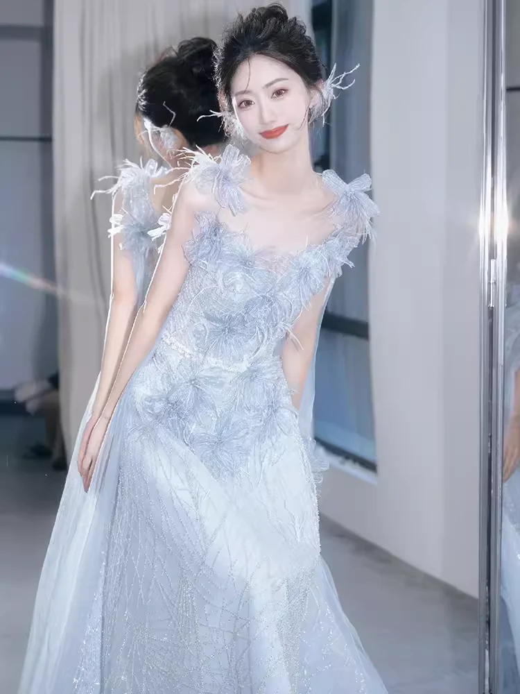 Mermaid Straps Gray Sequin Long Evening Dress Beads Prom Dress