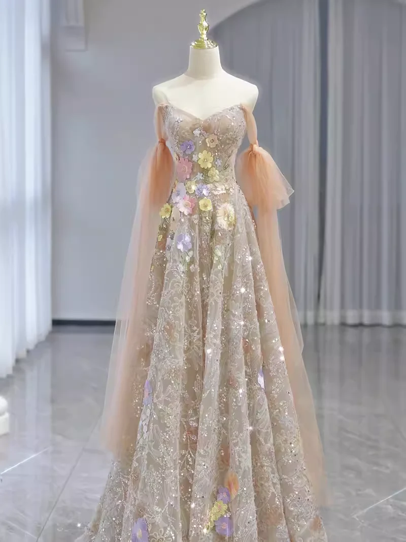 A line Straps Floral Lace Long Evening Dress Prom Dress