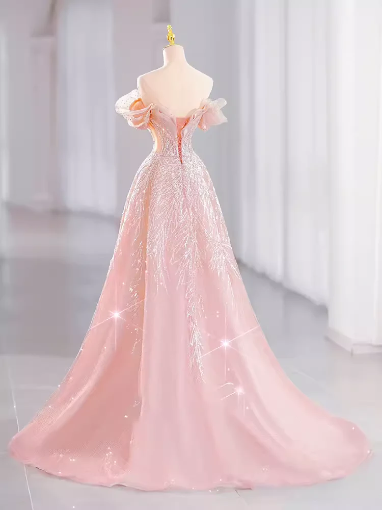 A line Off The Shoulder Pink Sequin Long Evening Dress Prom Dress