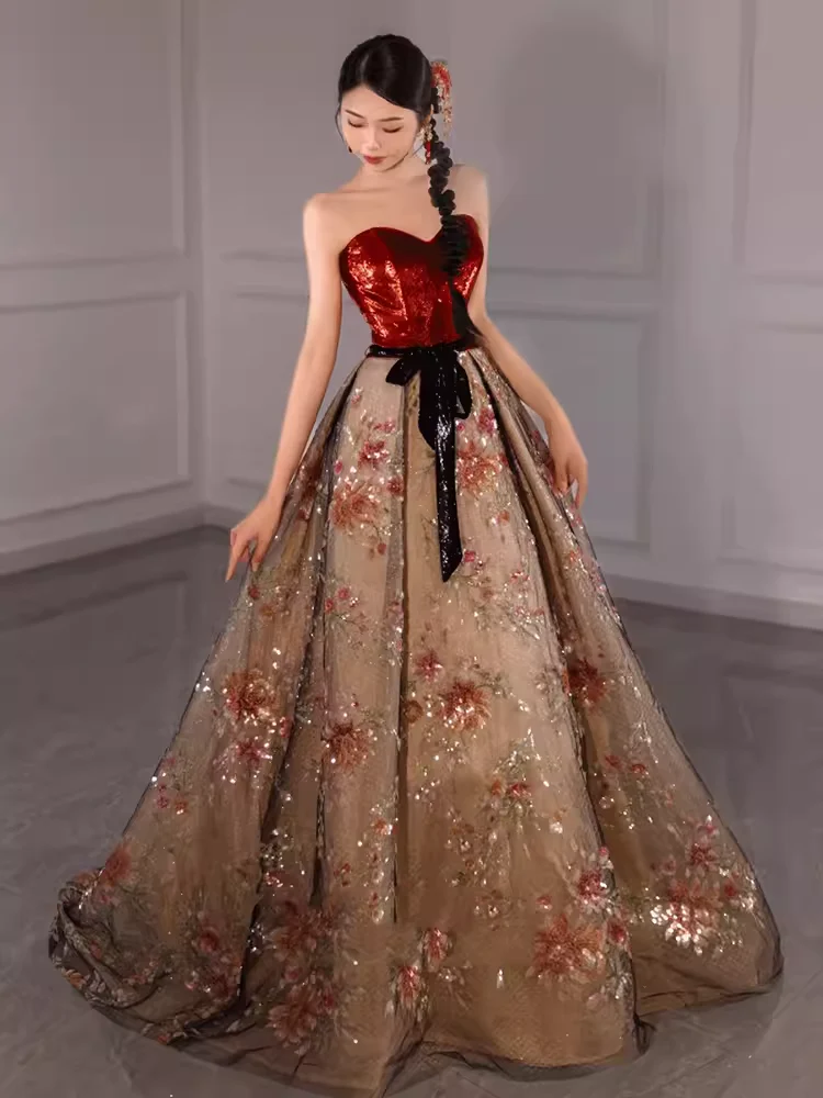 Ball Gown Strapless Burgundy Sequin Long Evening & Prom Dress - View 2 | FashionDia