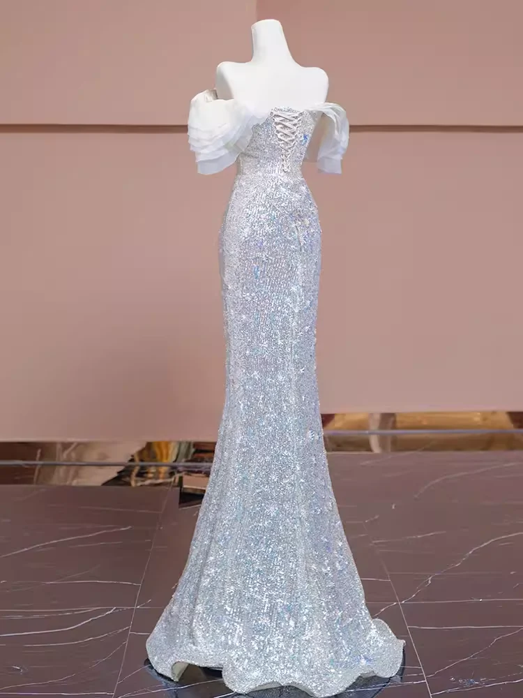 Mermaid Off The Shoulder Sequin Long Evening Dress Beads Prom Dress