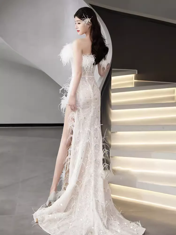 Mermaid Strapless Sequin Beads Long Evening Dress Slit Prom Dresses With Feathers