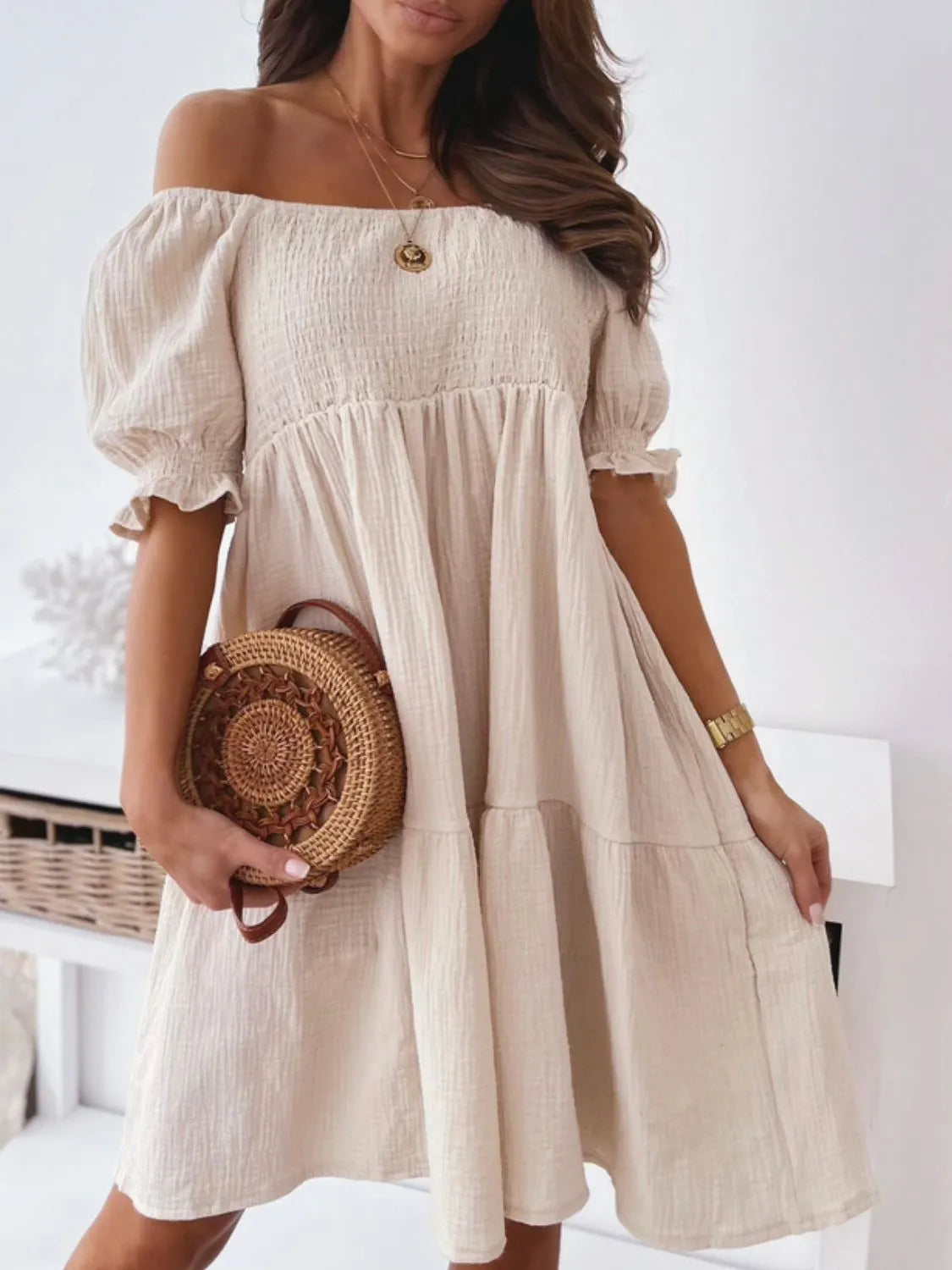 Clara Premium Off the Shoulder Short Sleeved Mini Dress Boutique Collection
