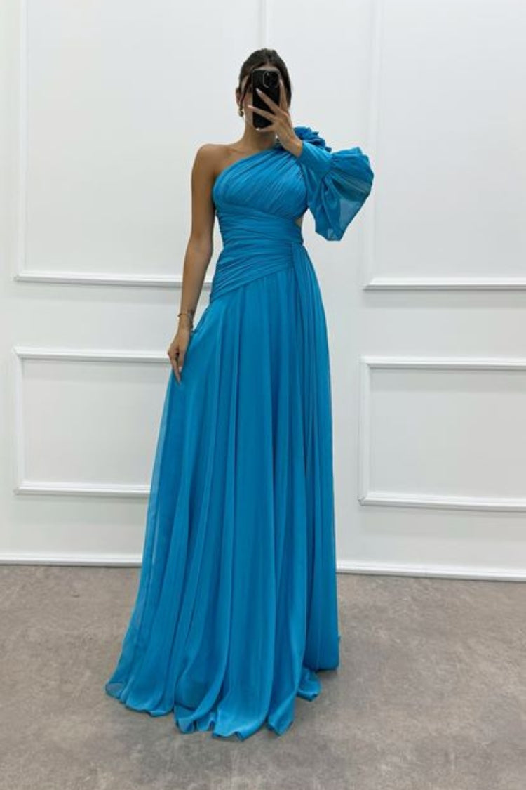 One Sleeve Shoulder Detail Design Evening Dress - VelvetHem