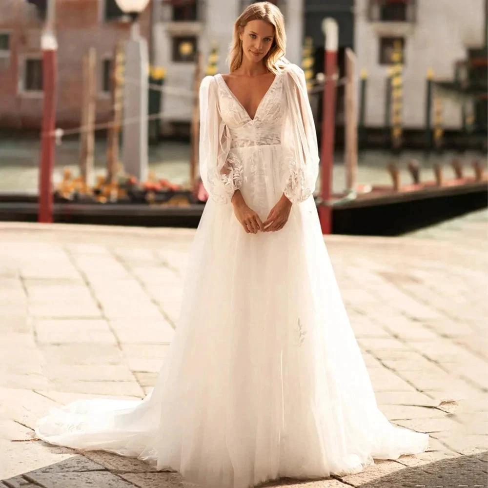 Sexy V Neck Lace Wedding Dresses 2024 Simple Long Puff Sleeves Bride Gowns Appliques Backless Custom Made (ZD13509)