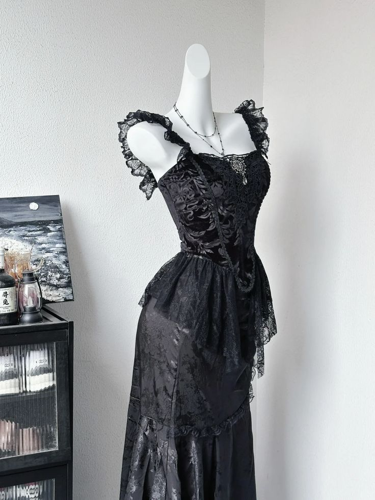 Vintage Black Satin Lace Long Party Dress Evening Dress - VelvetHem