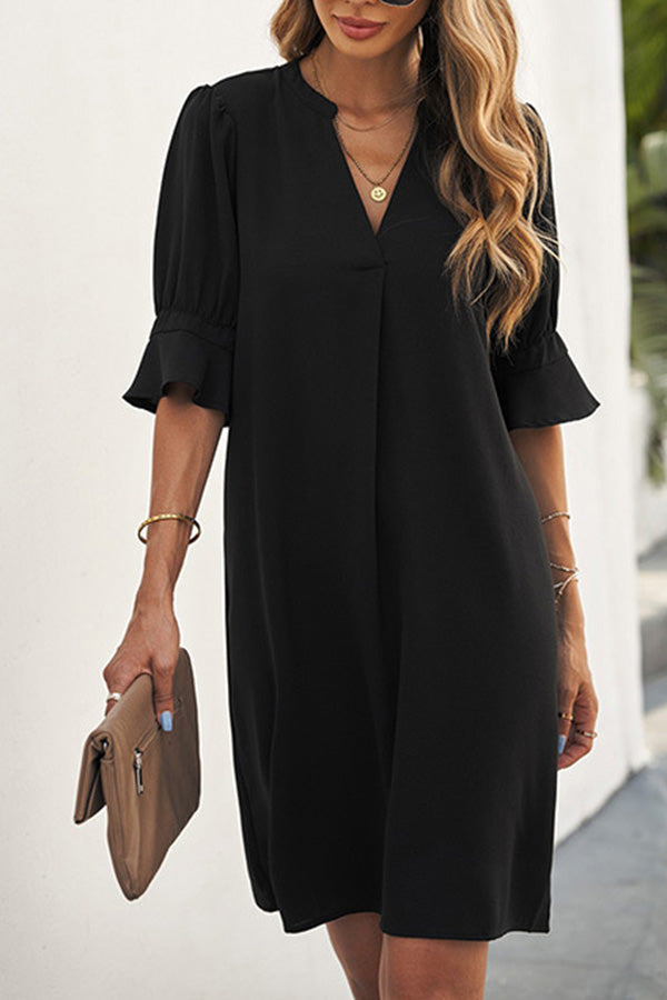 Solid Color Loose Casual V Neck Short Sleeve Knee Length Dress
