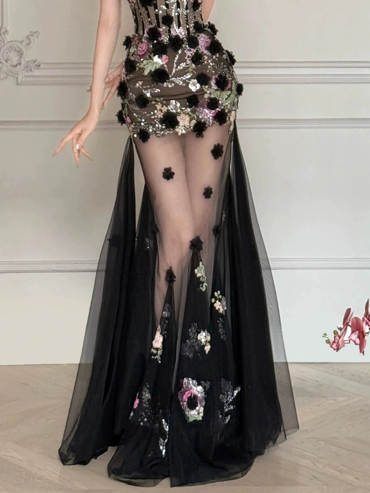 Black Long Prom Dress With Flowers Formal Evening Party Dress Birthday Outfit - View 3 | VelvetHem