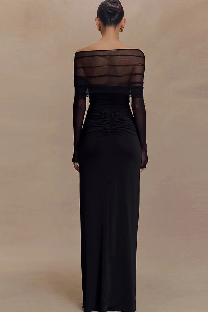 Mesh Patchwork See Through Full Sleeve Slash Neck Maxi Dress