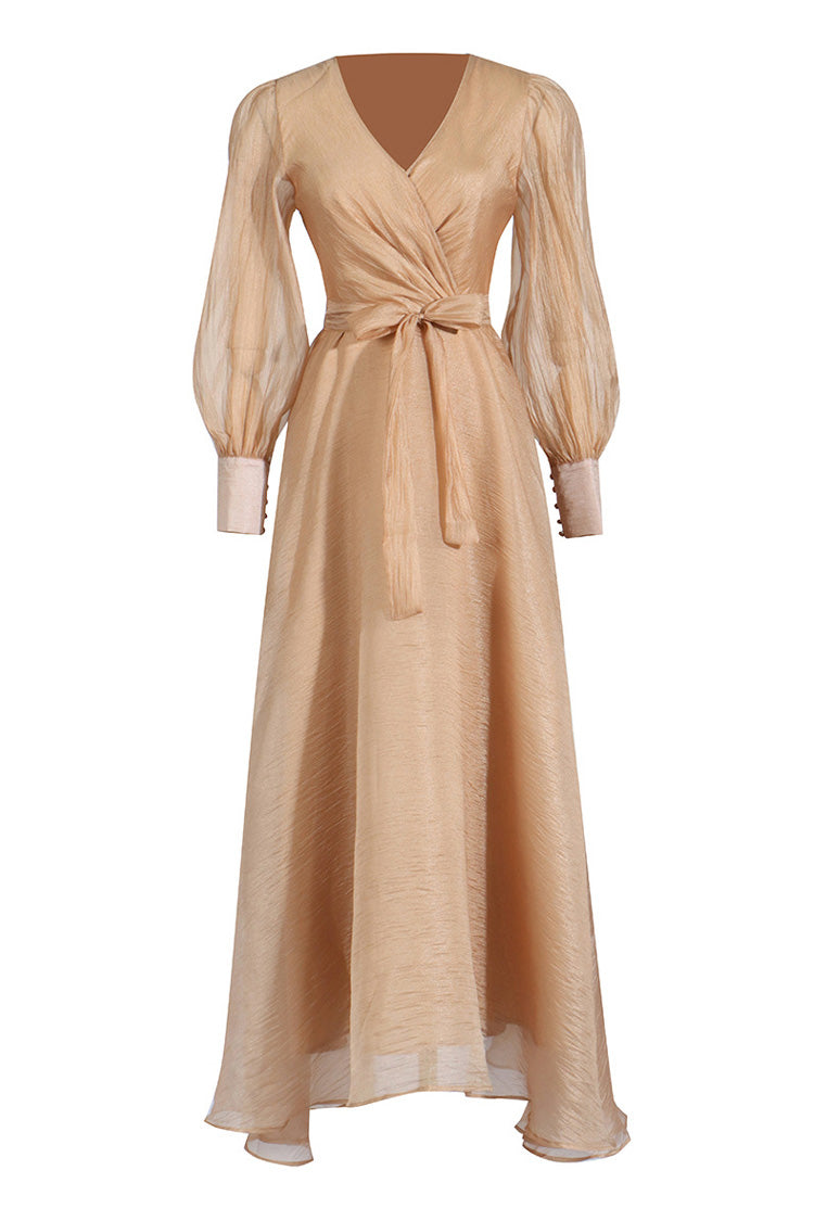 Celebrity Style V Neck Bishop Sleeve Belted Crinkled High Low Evening Dress - VelvetHem