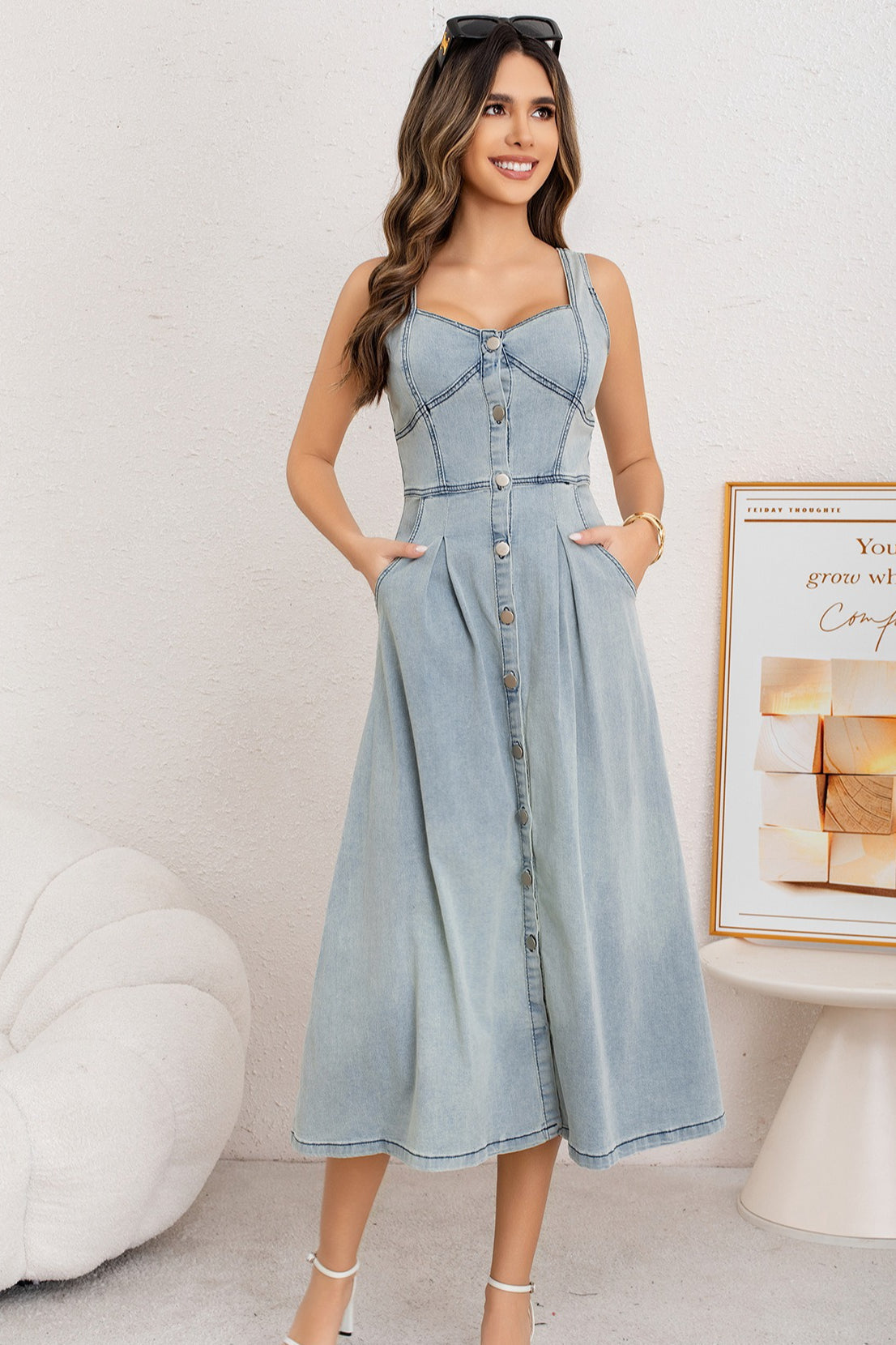 Washed Button Front Cami Denim Dress - View 3 | VelvetHem