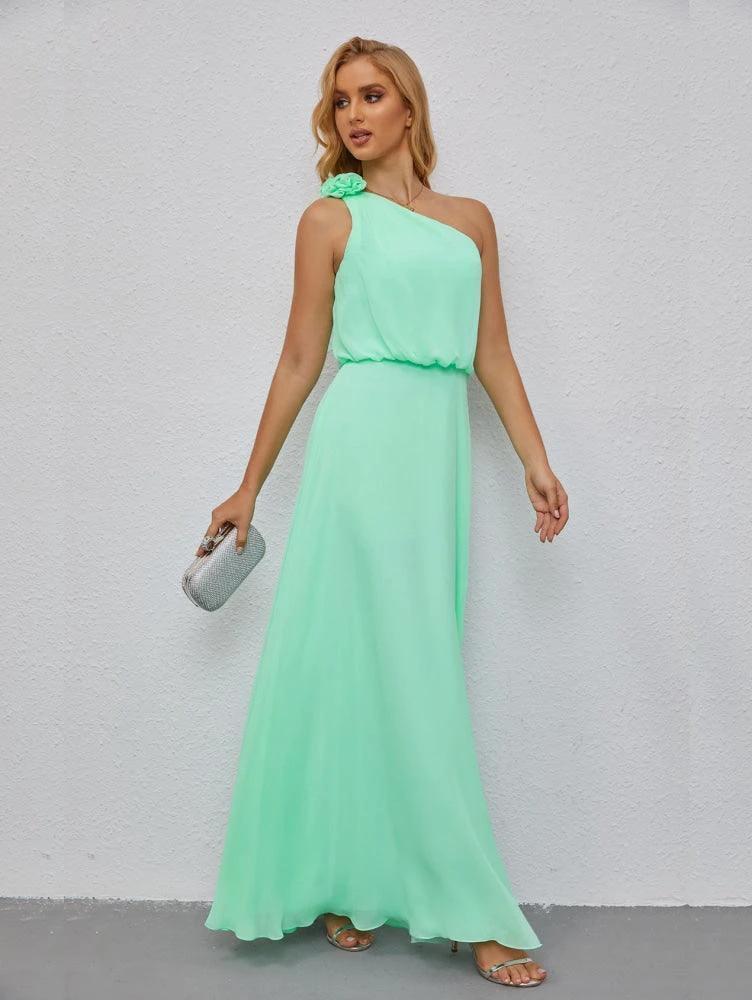 Ruffled One Shoulder Sleeveless Long Bridesmaid Dresses A-line Formal Evening Gown Side Split 28080 by numbersea