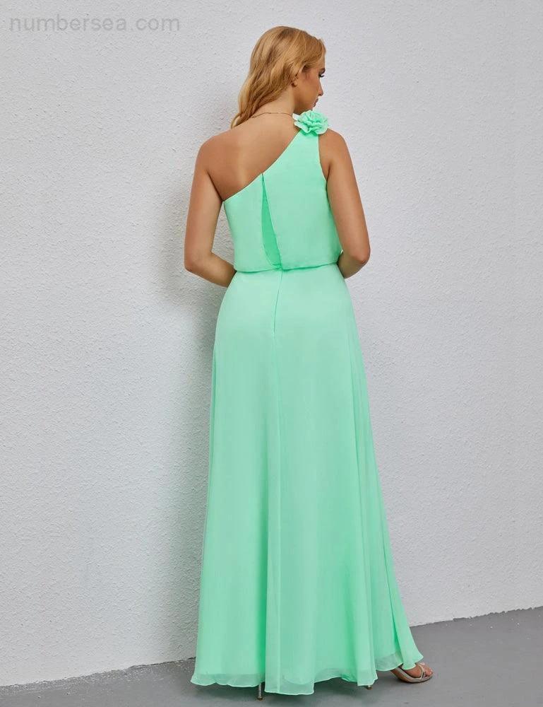 Ruffled One Shoulder Sleeveless Long Bridesmaid Dresses A-line Formal Evening Gown Side Split 28080 (ZD17018)