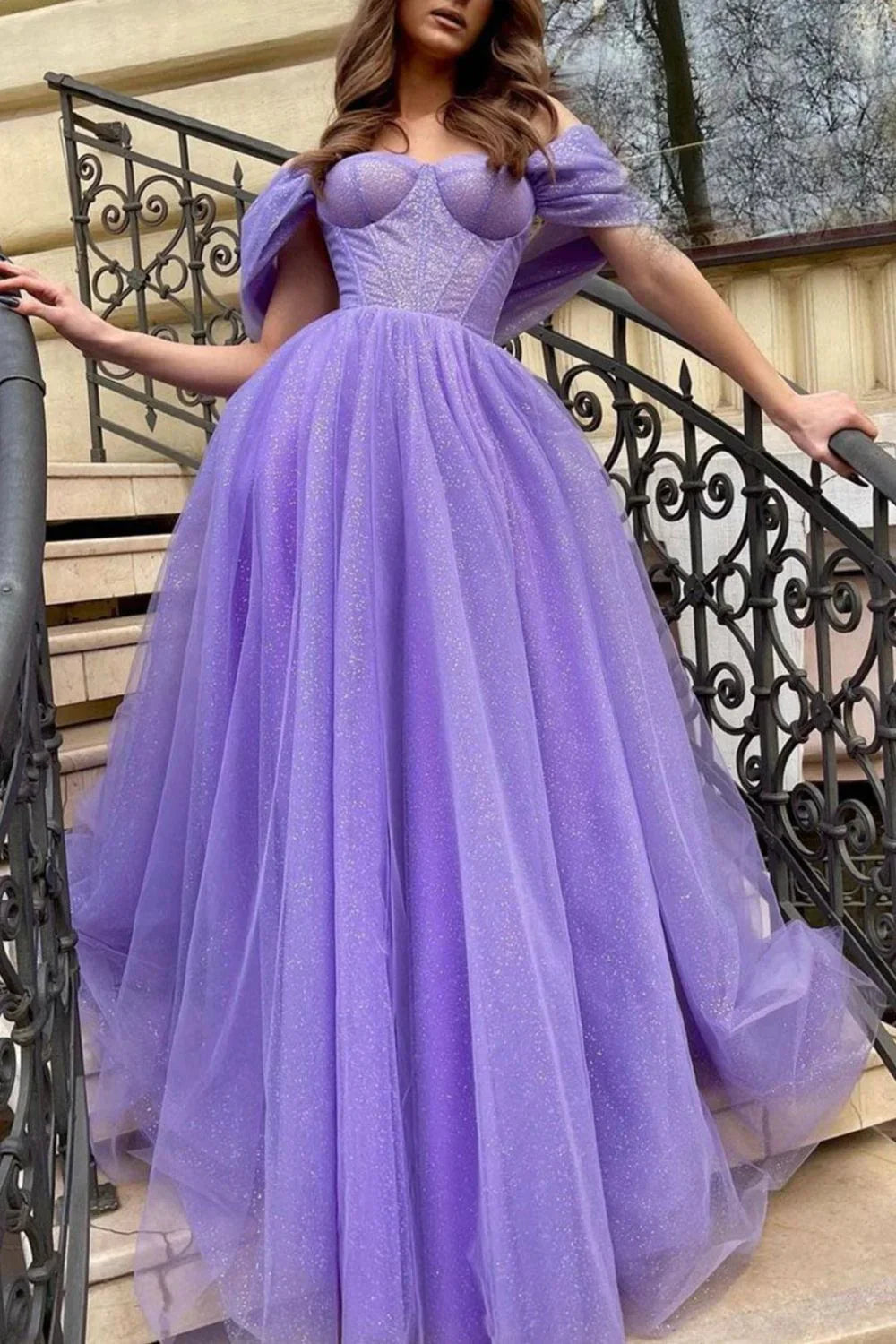A Line Off the Shoulder Purple Long Prom Dress with Slit