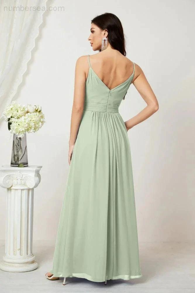 ZapDress Chiffon V-Neck Bridesmaid Dress Spaghetti Strap Long Formal Party Prom Gowns with Slit 28010 (ZD17028)