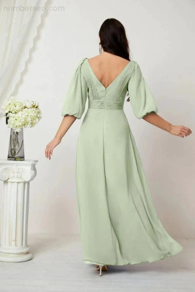 ZapDress  Formal Prom Gown Women V-Neck Chiffon Bridesmaid Dresses Long Bishop Sleeve Party Dress 2807 (ZD17027)