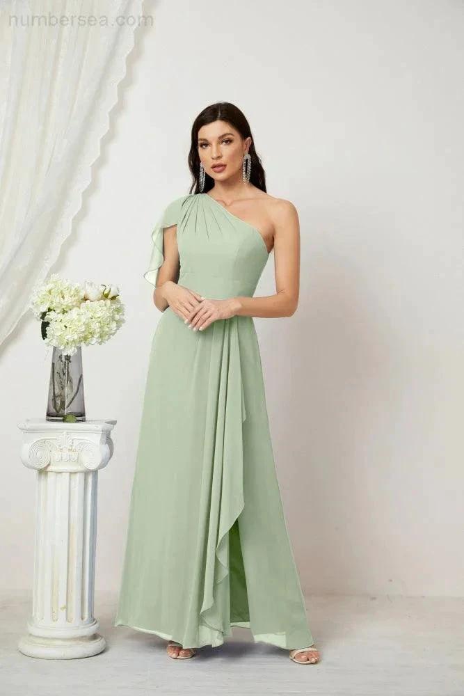 ZapDress  Chiffon Ruffled One Shoulder Long Bridesmaid Dresses A-line Formal Evening Gown Side Split 2809 (ZD17049)