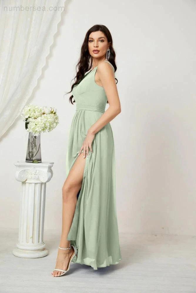 ZapDress Chiffon V-Neck Bridesmaid Dress Spaghetti Strap Long Formal Party Prom Gowns with Slit 28010 (ZD17028)