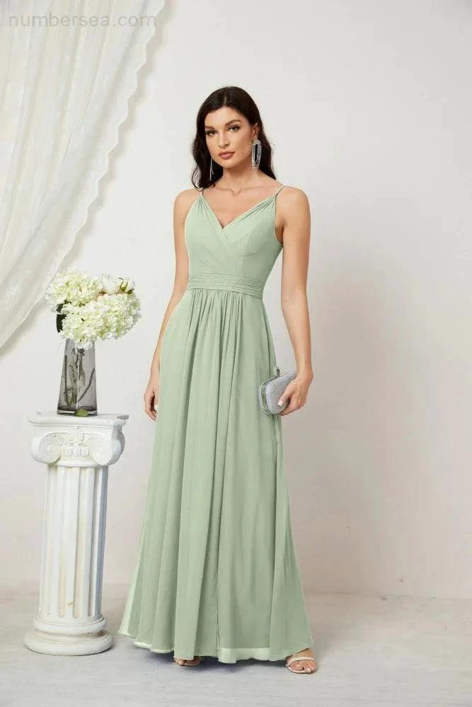 ZapDress Chiffon V-Neck Bridesmaid Dress Spaghetti Strap Long Formal Party Prom Gowns with Slit 28010 (ZD17028)