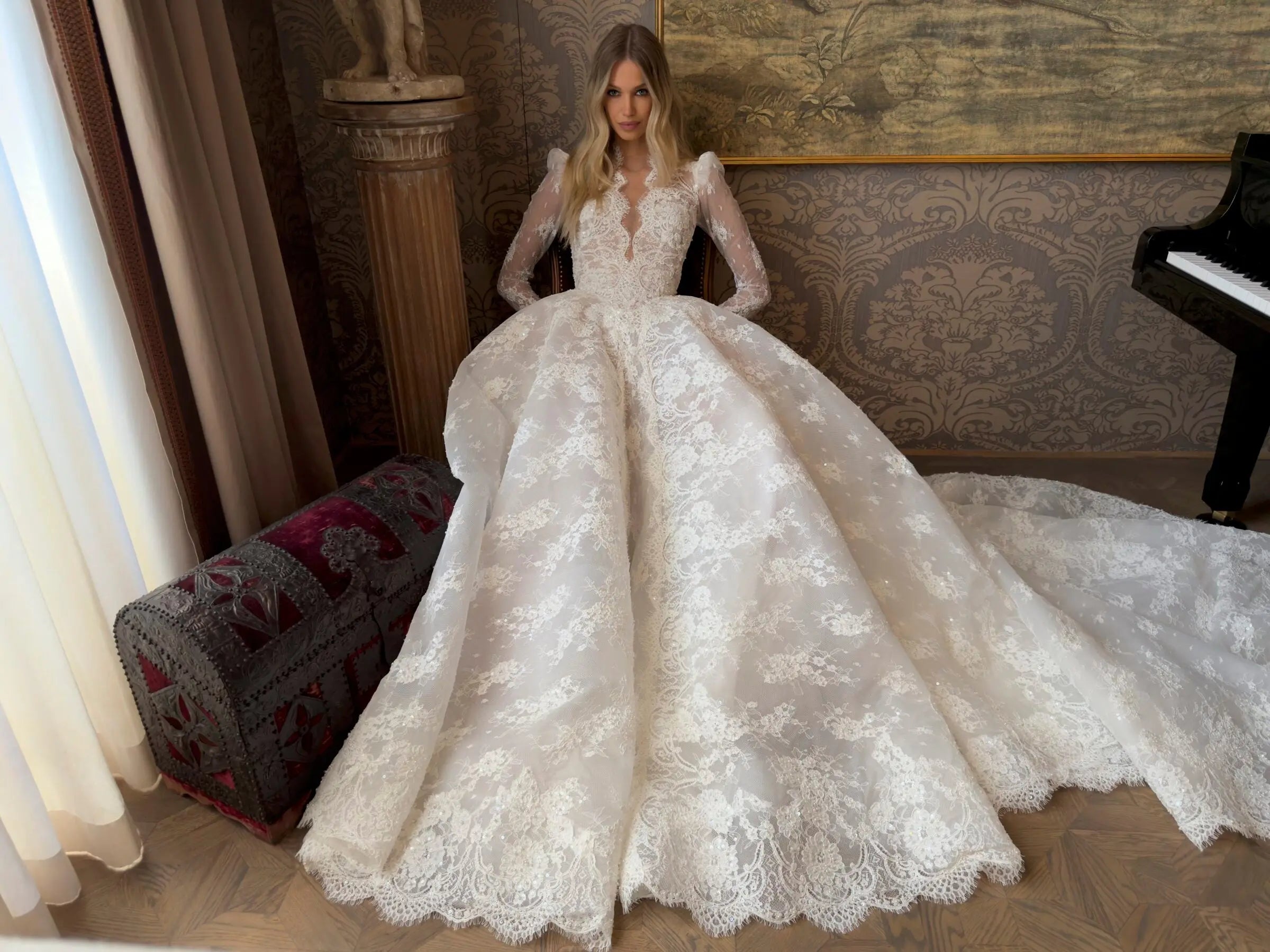 Luxury White High Neck Sequin Long Sleeve Lace A-Line Wedding Dress ZP094