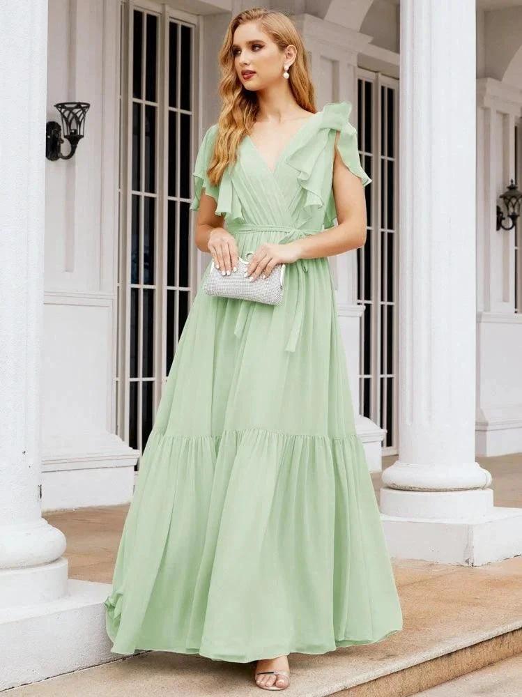 Numbersea Women's Open Back Formal Evening Party Prom Gowns V-Neck Long Chiffon Bridesmaid Dresses with Waist Belt 28038 by numbersea