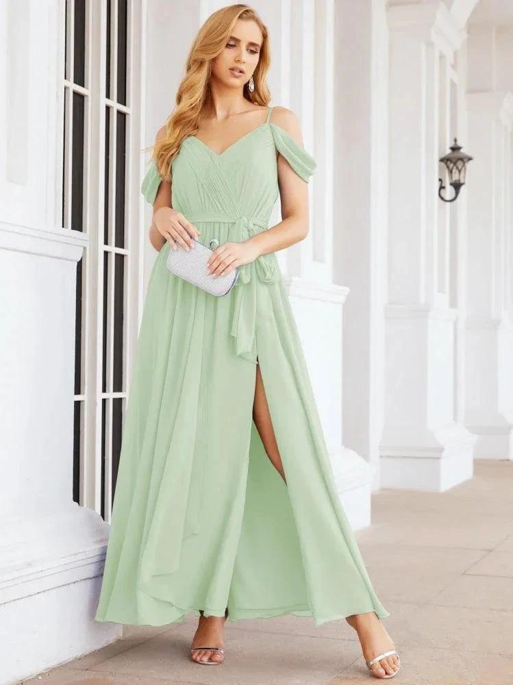 Numbersea Off The Shoulder Chiffon Bridesmaid Dress Long Formal Graduation Gown with Cowl Back 28069 by numbersea