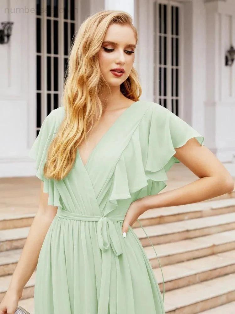 ZapDress Women's Open Back Formal Evening Party Prom Gowns V-Neck Long Chiffon Bridesmaid Dresses with Waist Belt 28038 (ZD17000)