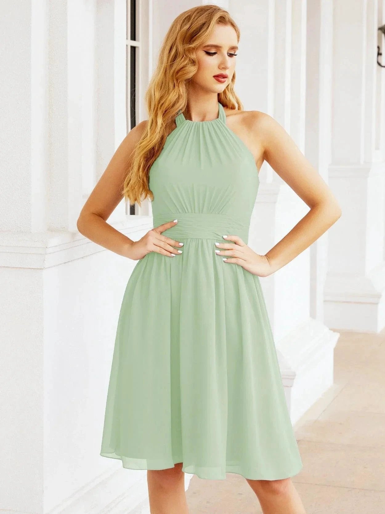 ZapDress Halter Chiffon Bridesmaid Dresses Short Sleeveless Formal Party Dress Open Back 28023 (ZD16957)