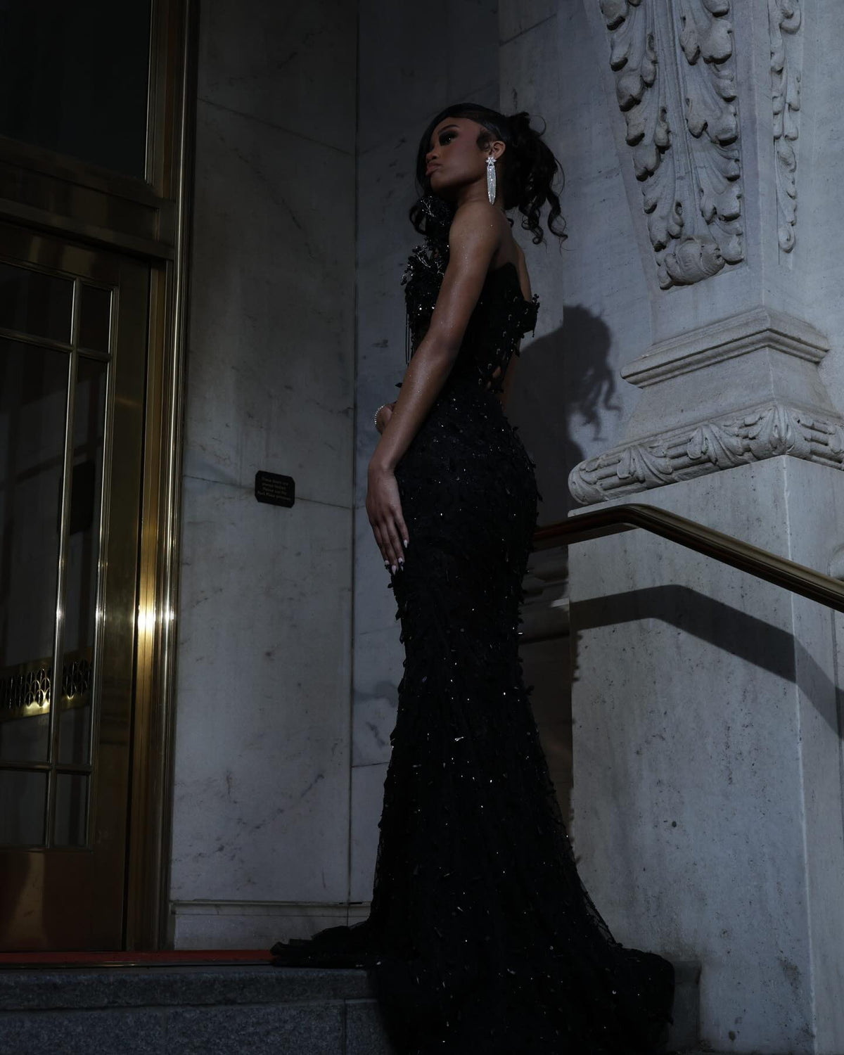 Luxury Black Sequin Mermaid Prom Dress – Illusion Corset Bodice with 3D Beaded Lace & Off-the-Shoulder Detail | 2026 Gothic Glamour Evening Collection (ZD17397)