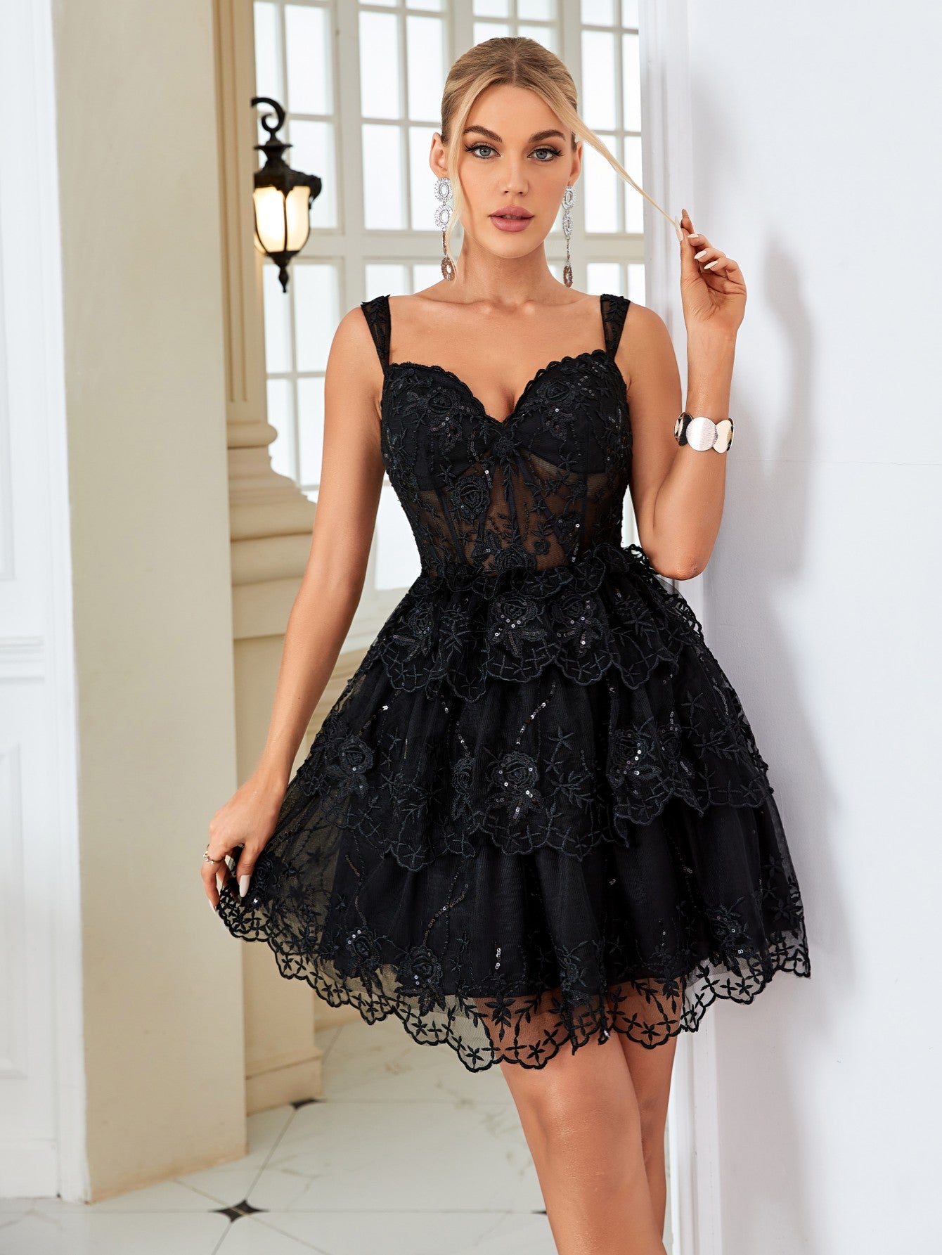 Dark Blue A-Line Sweetheart Neckline Tiered Short Homecoming Dress - Fashionpara