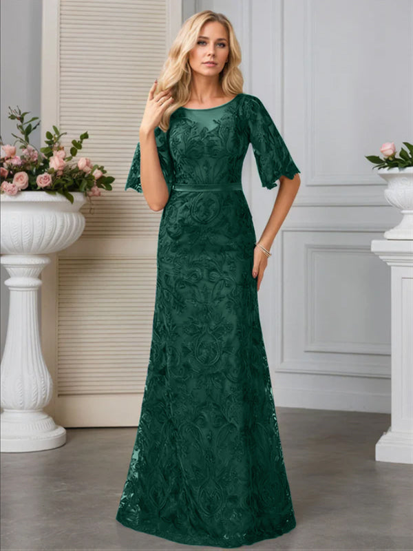 A-line Scoop Neck Floor-Length Lace Evening Dress With Appliques - View 14 | FashionDia