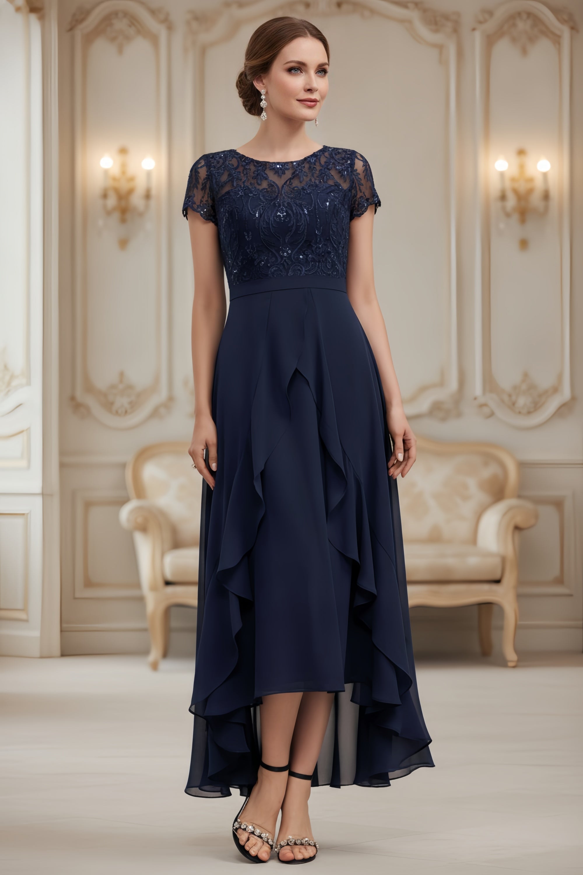 Elegant Lace Sequin Bodice High-Low Evening Dress with Sash