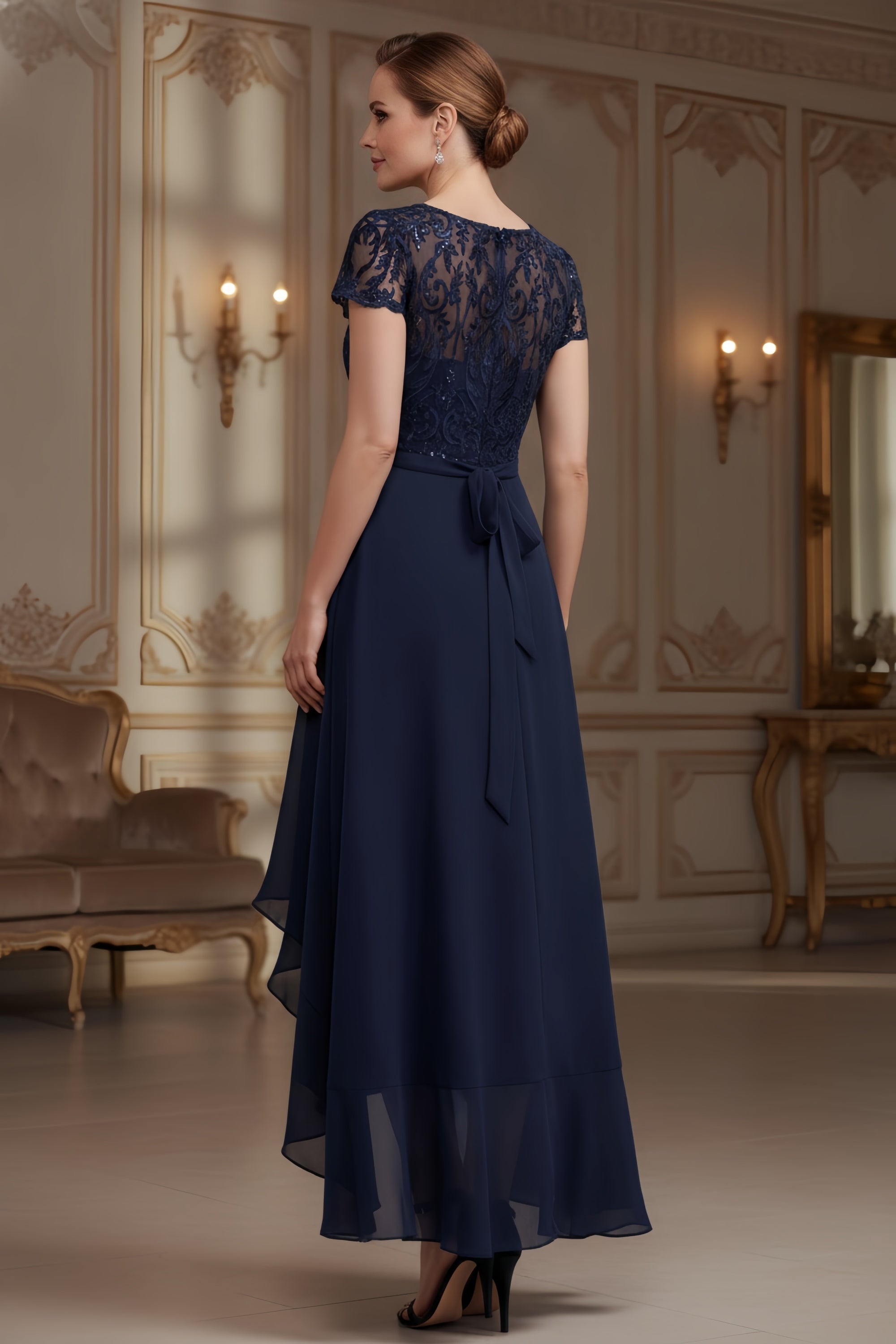 Elegant Lace Sequin Bodice High-Low Evening Dress with Sash