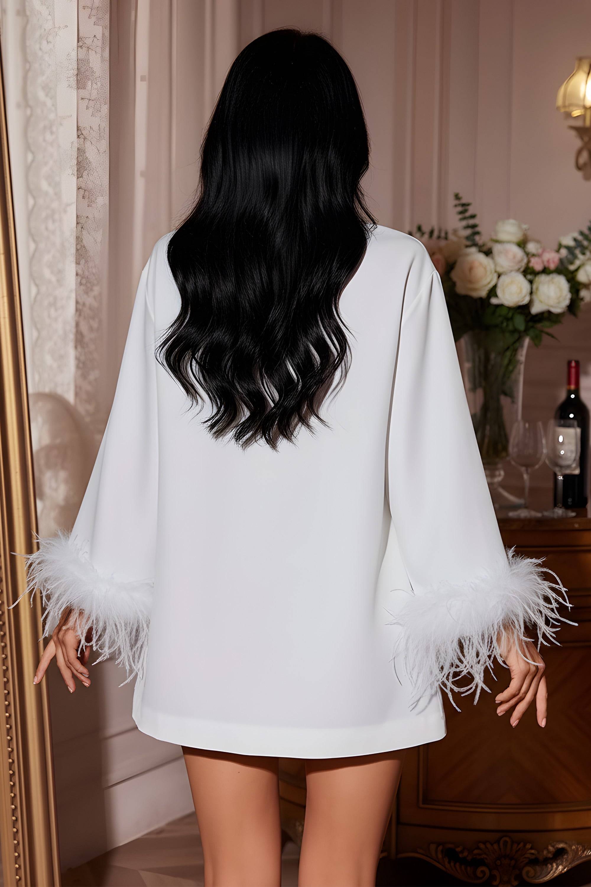 Chic Collared Mini Dress with Feather Cuffs and Tie Detail