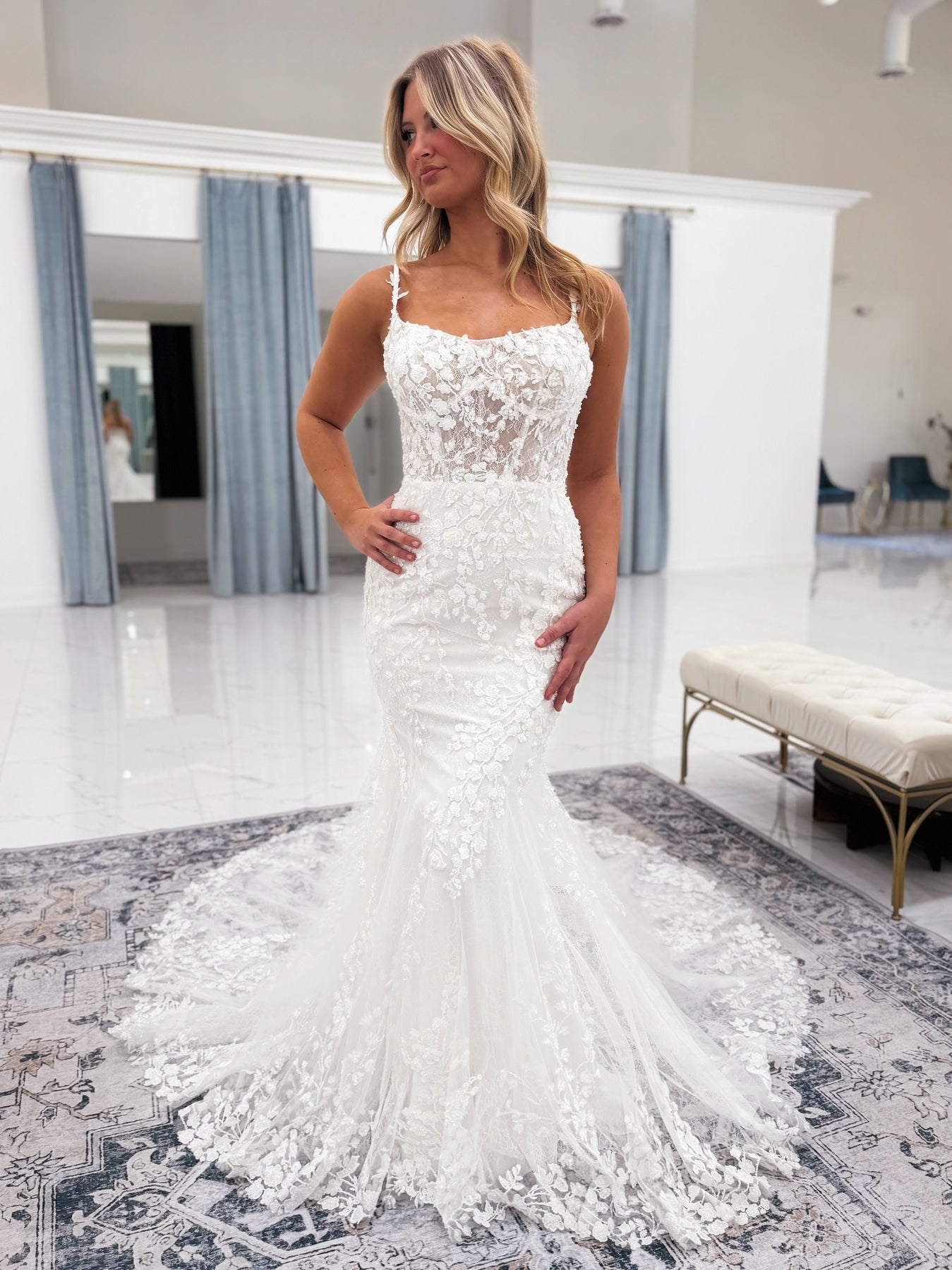 Spaghetti Straps Mermaid Appliqued Wedding Dress With Lace Train