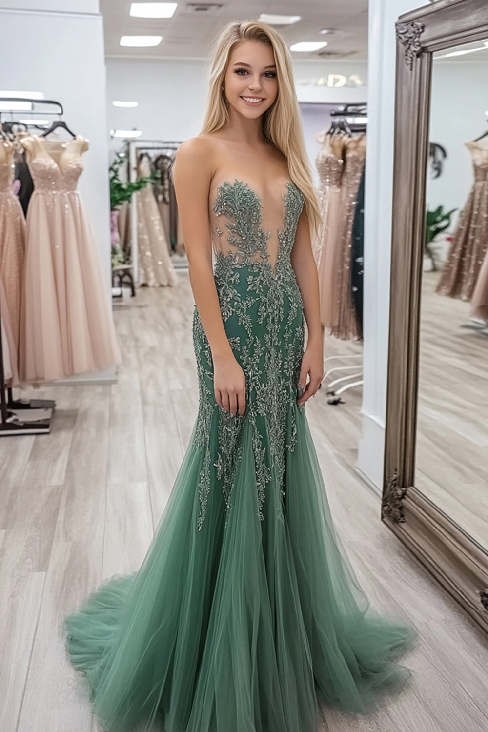 Elegant Agave Sheath Sweetheart Tulle Prom Dress with Lace