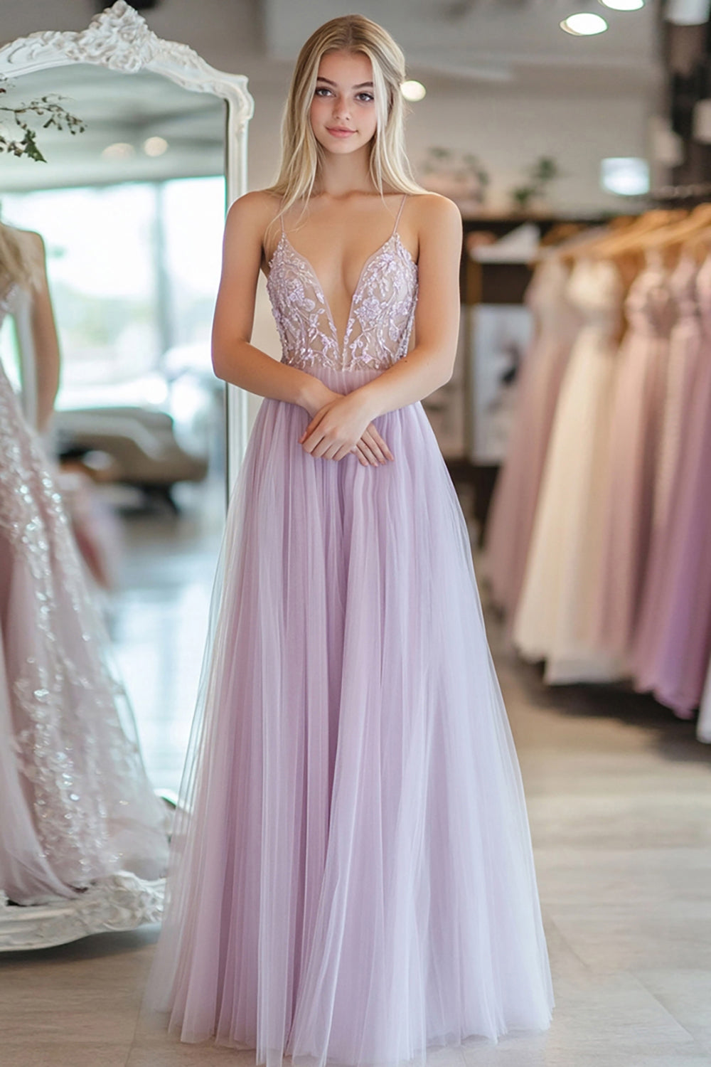 Light Purple A Line Tulle Spaghetti Straps Prom Dress with Lace