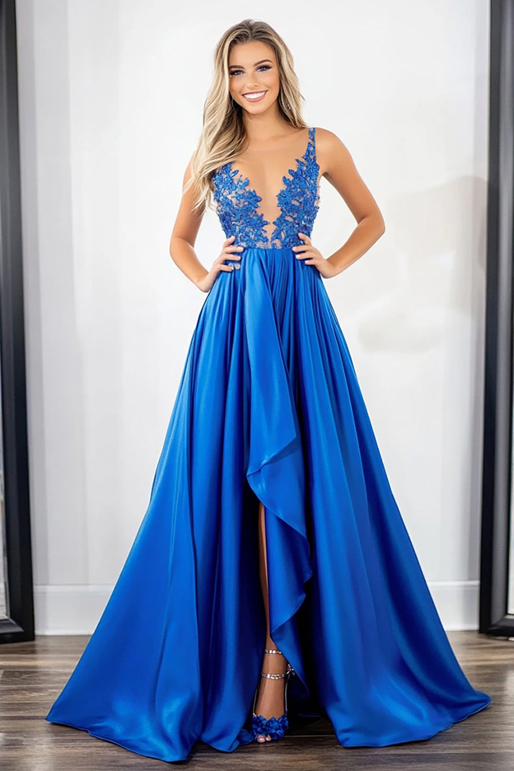Royal Blue Satin Lace Applique V-Neck Asymmetrical Prom Dress with Slit