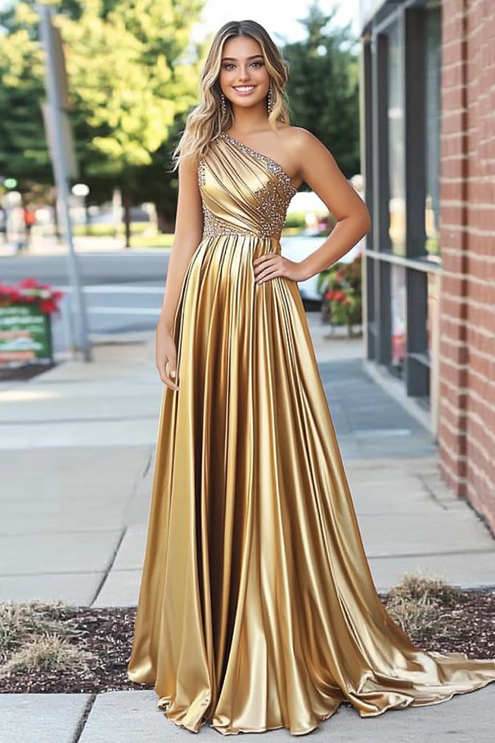 Gold Metallic Satin One Shoulder A Line Pleated Long Prom Dress with Beading