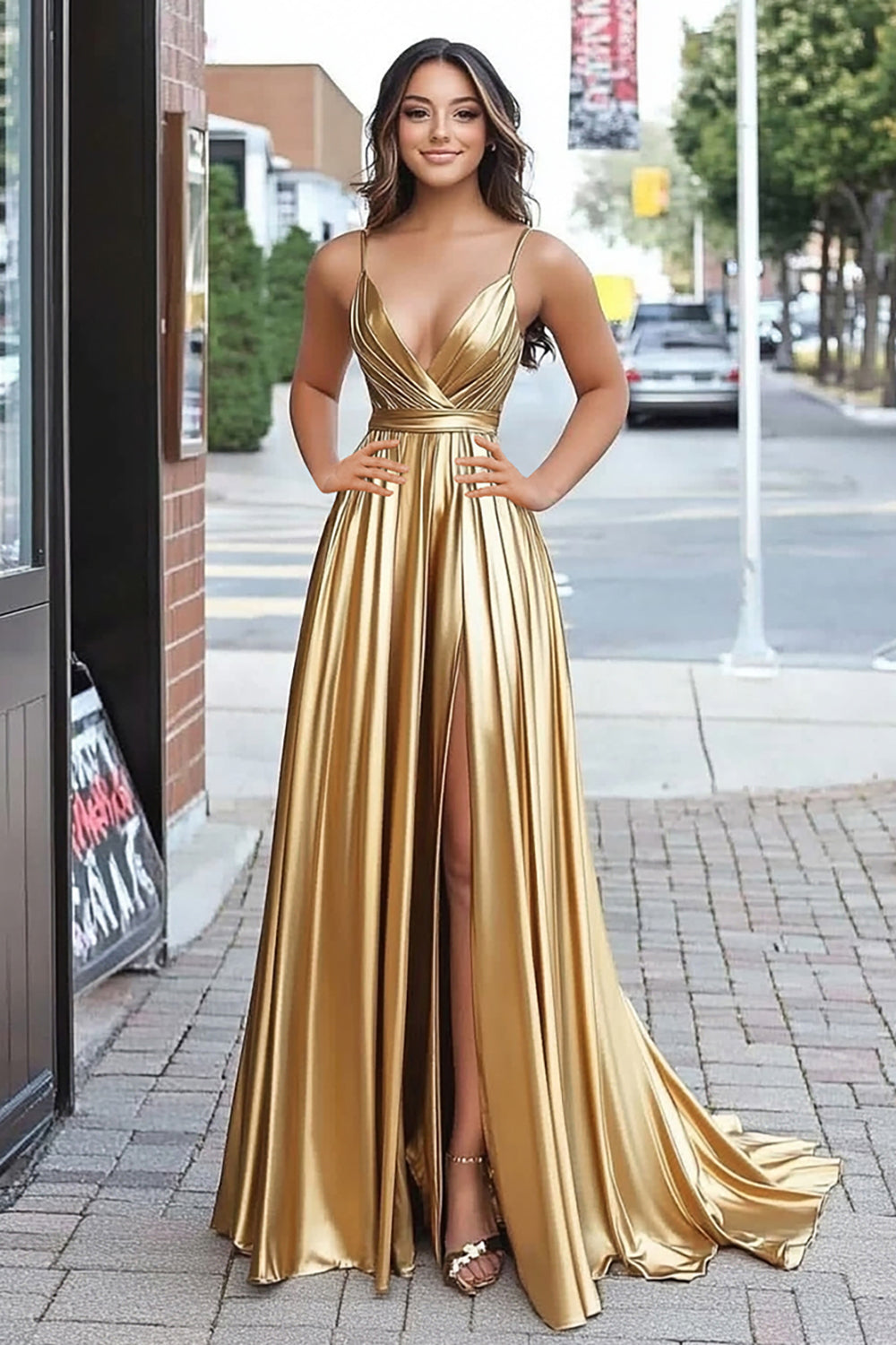 Metallic Satin A Line Pleated V Neck Gold Prom Dress with Slit