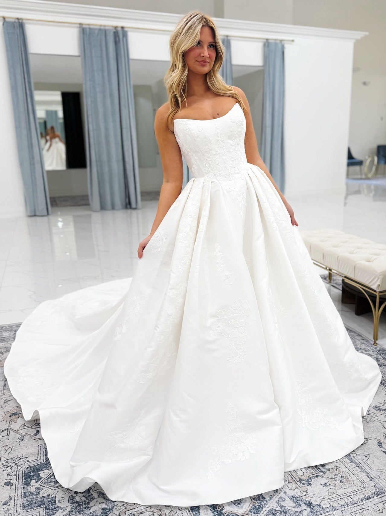 Classic Strapless Satin Bridal Gown with Lace Detail