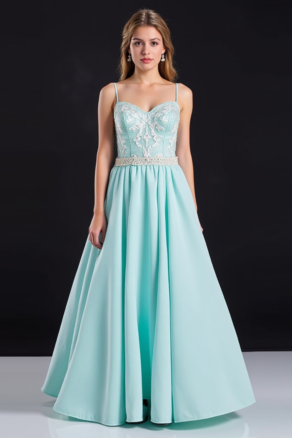 Lace Appliqued Mint Sweetheart A line Long Prom Dress