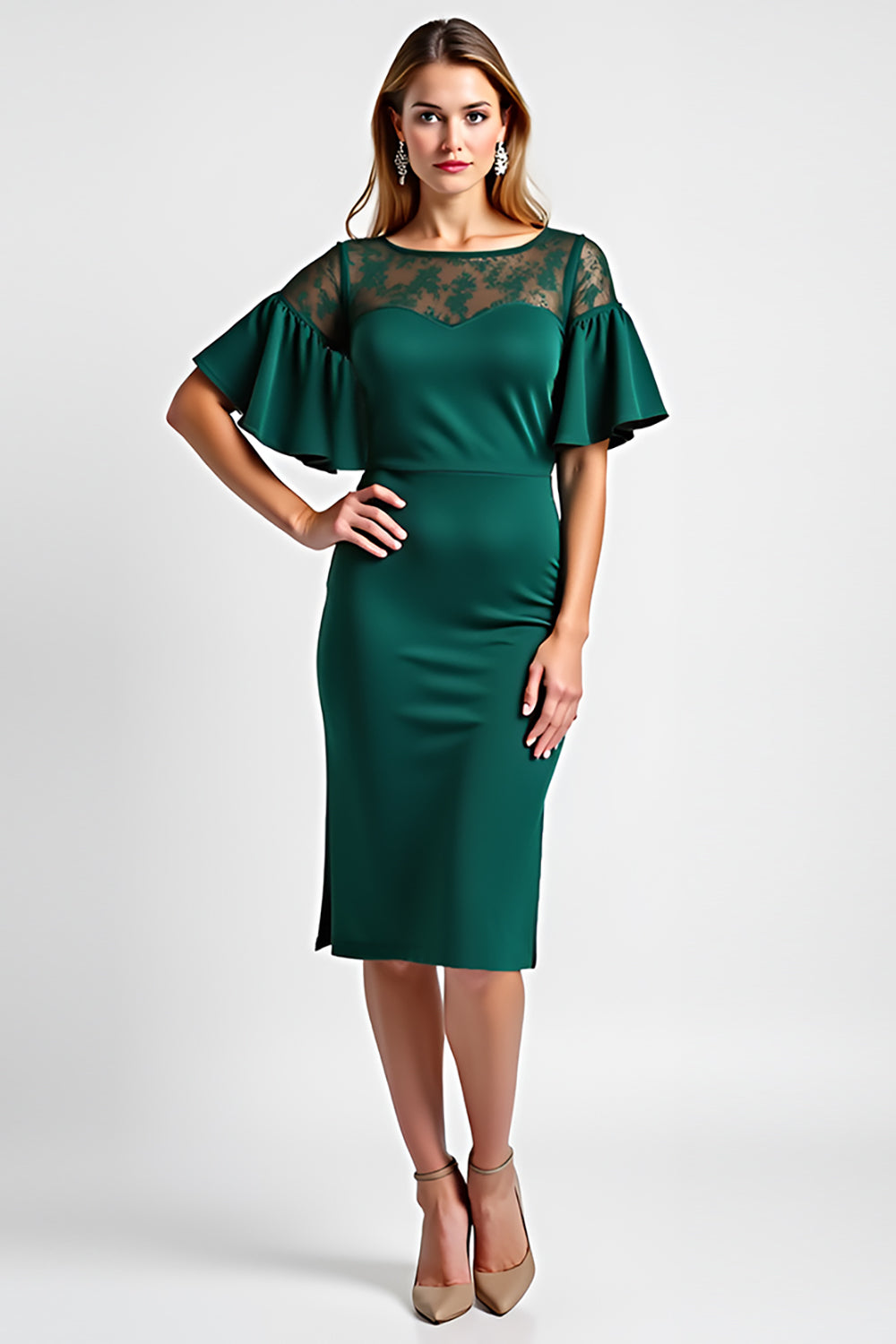 Dark Green Bodycon Ruffles Round Neck Mother Of Bride Dress