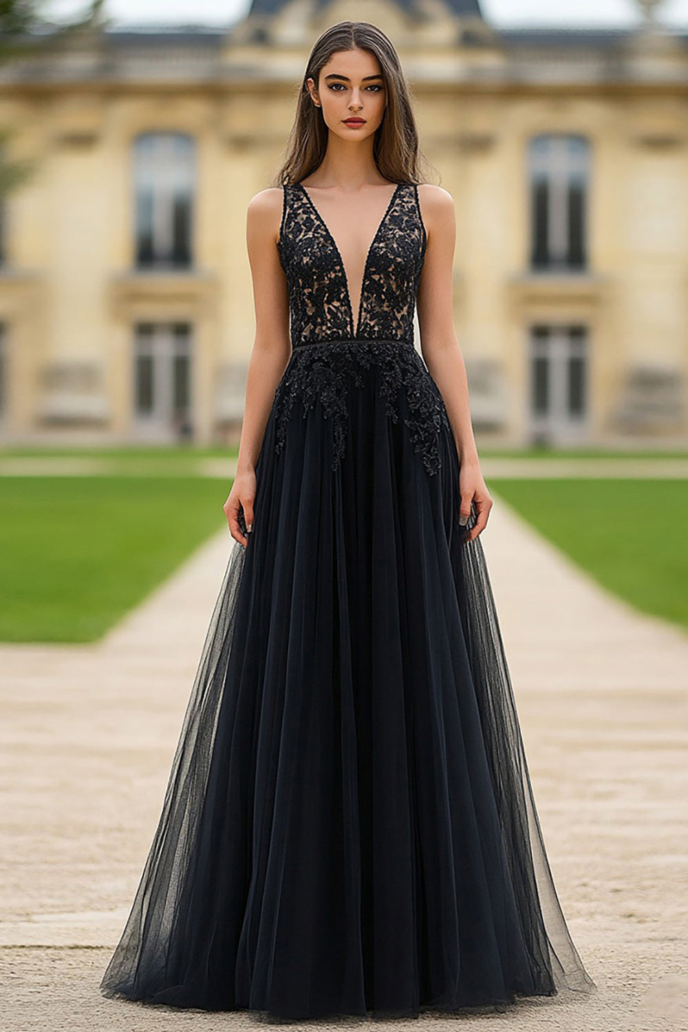 A Line Black Deep V-Neck Tulle Prom Dress