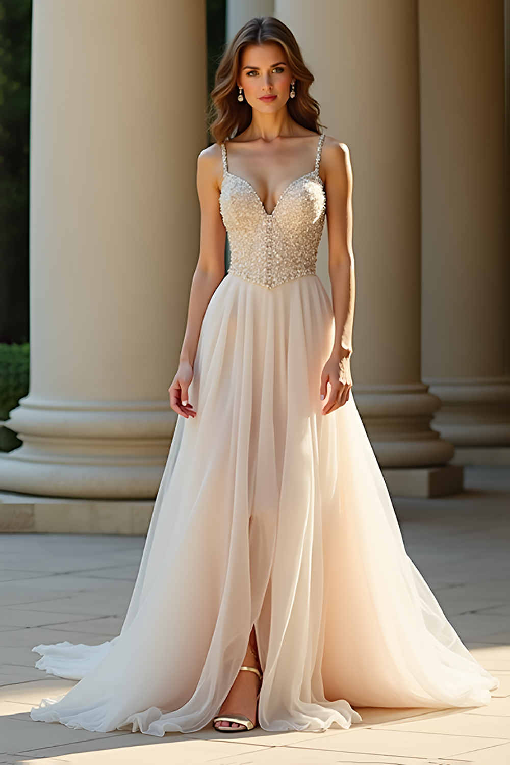 Chamapgne A Line Spaghetti Straps Long Prom Dress with Appliques