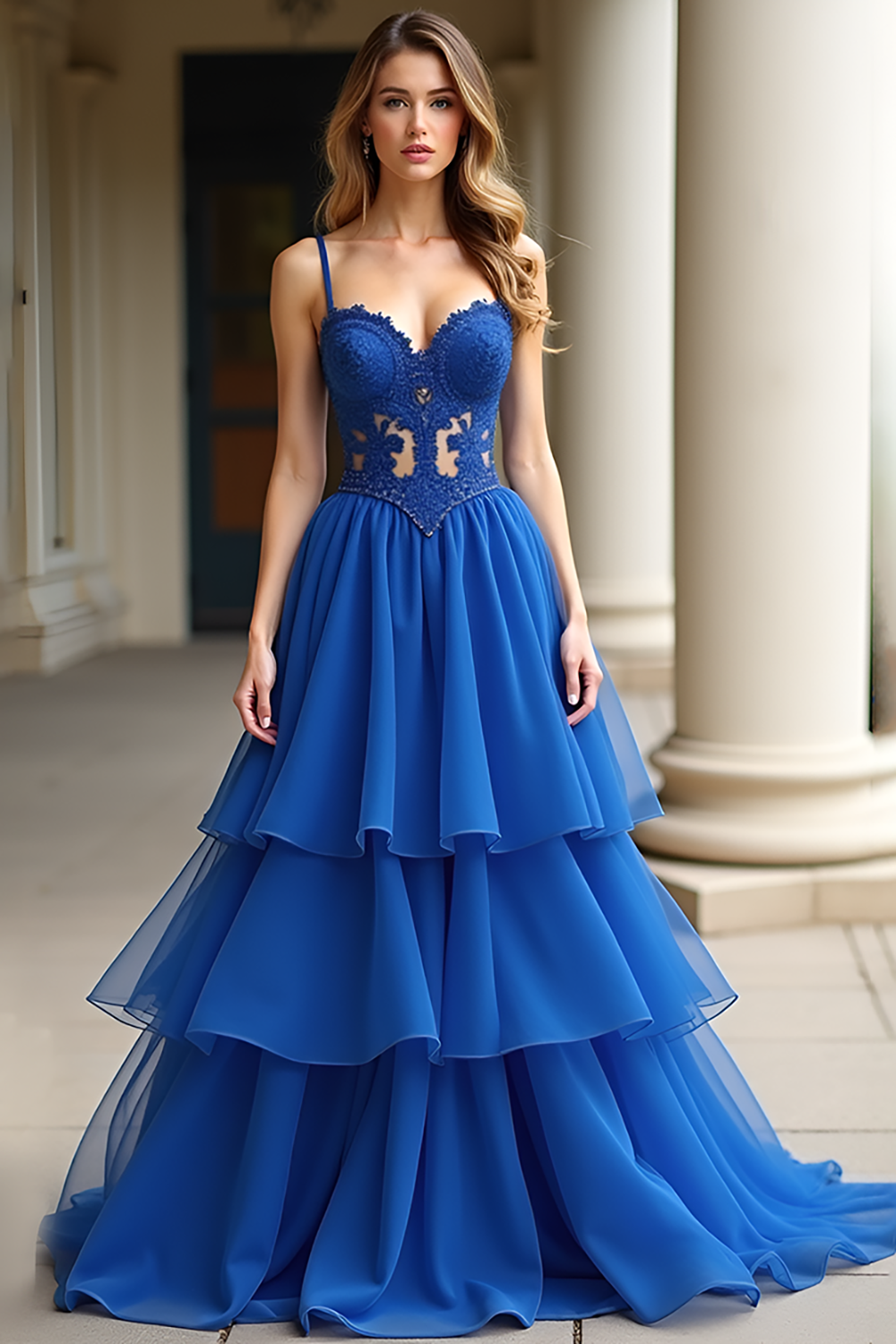 Spaghetti Straps Royal Blue Appliqued A Line Long Prom Dress with Ruffles